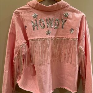 Main Strip Medium Pink Jean Fringe HOWDY jacket NWOT **Nashville trip!
